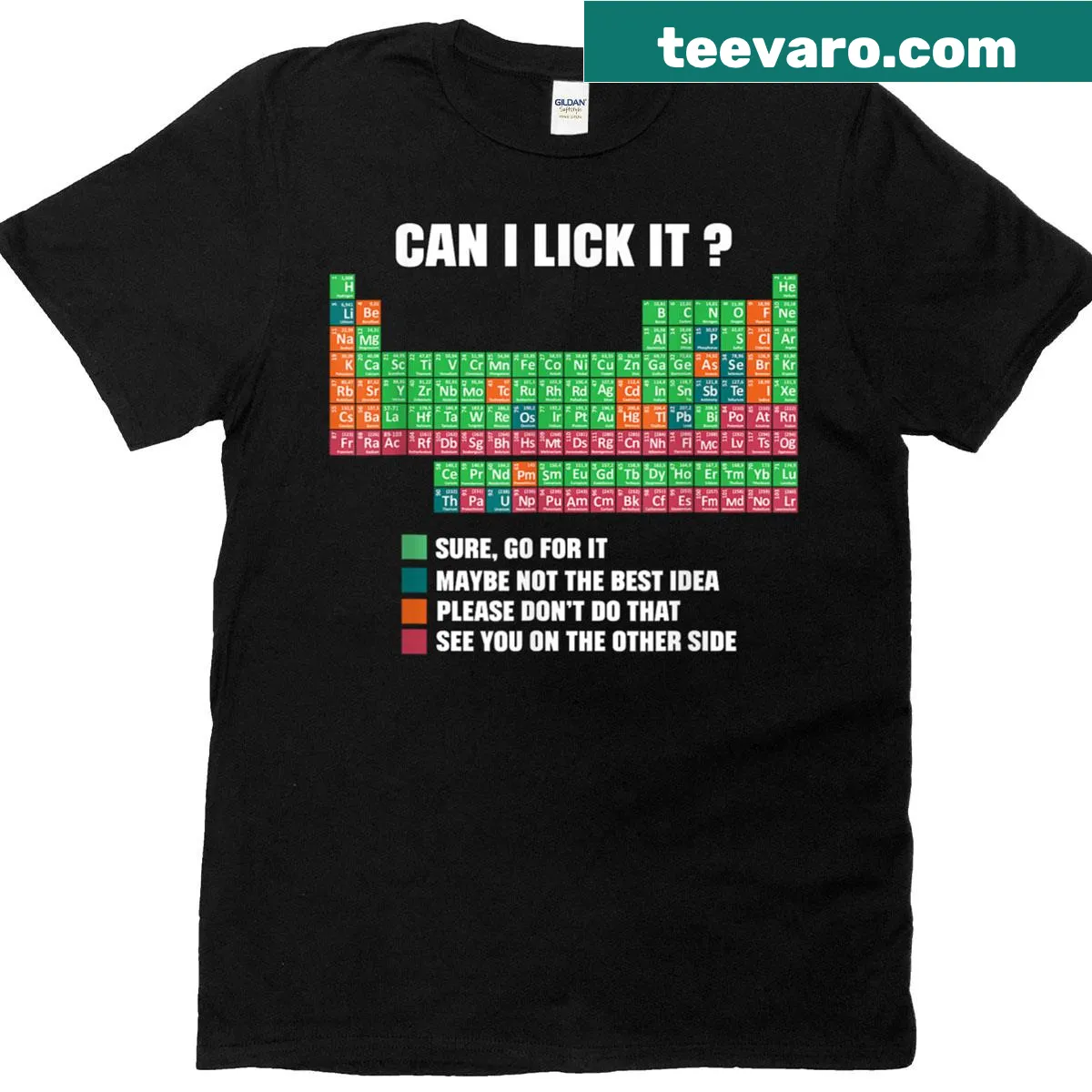 Funny periodic table themed t-shirt with text 'Can I Lick It' — on a men's t-shirt