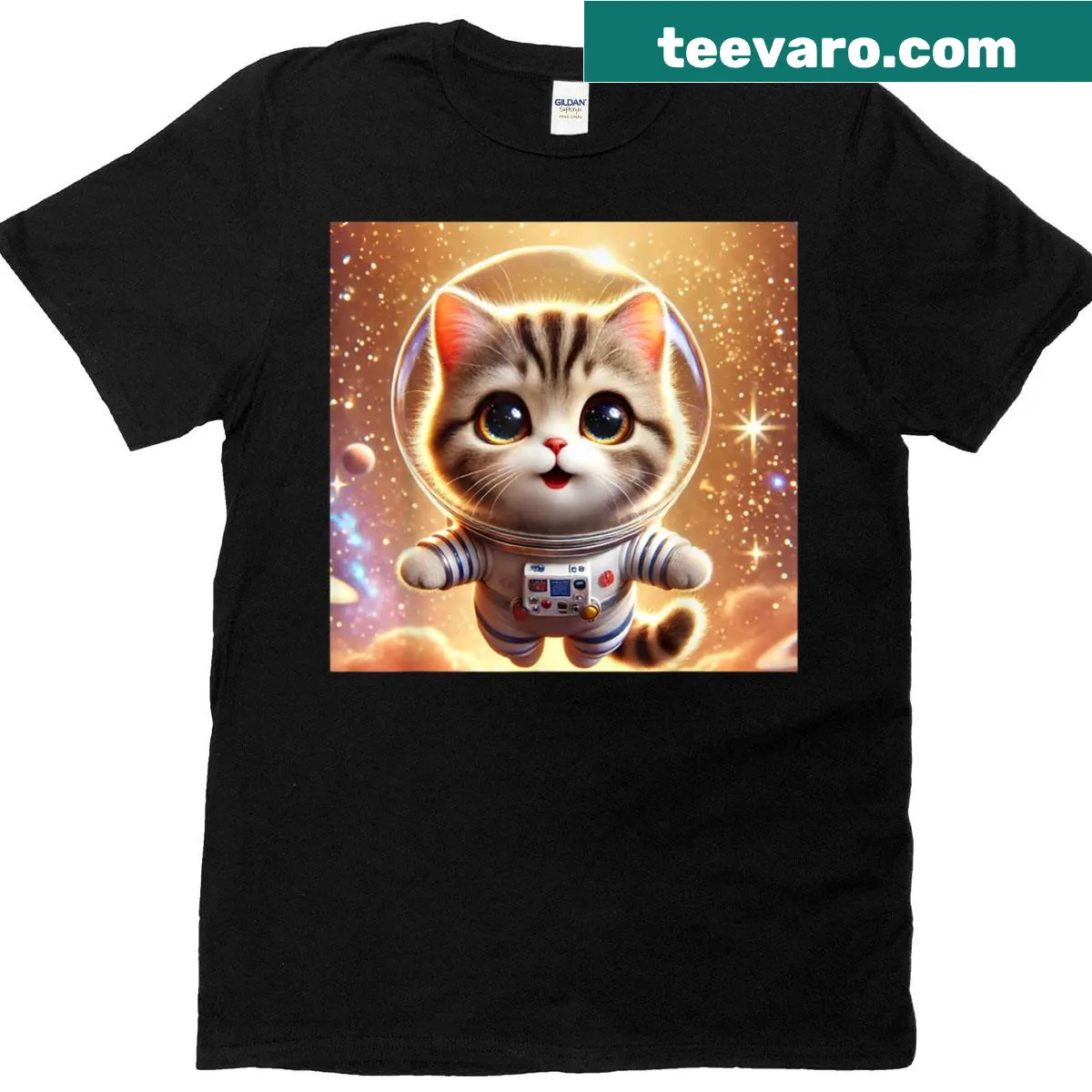 Funny cartoon cat astronaut T-shirt with planets — on a men's t-shirt