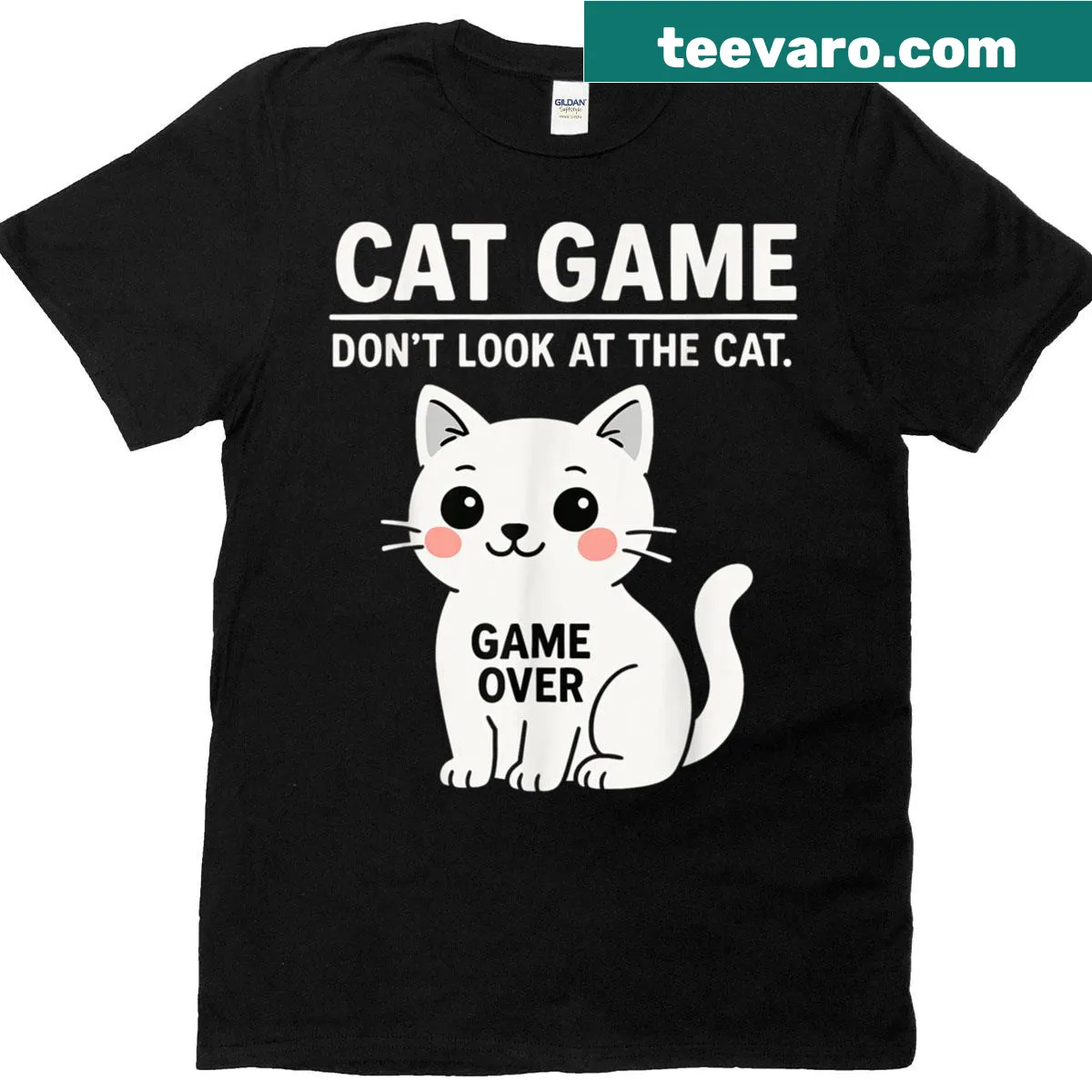 Funny graphic t-shirt with a cat and humorous text about not looking at cats. — on a men's t-shirt