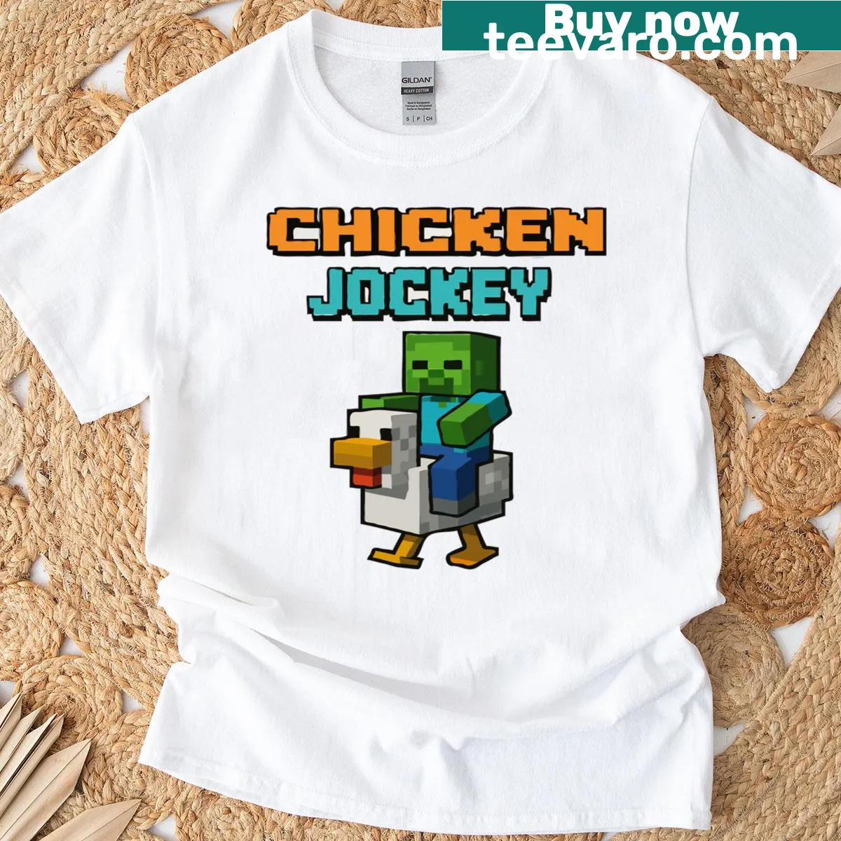 Funny chicken jockey zombie pixel art gamer t-shirt — on a men's t-shirt