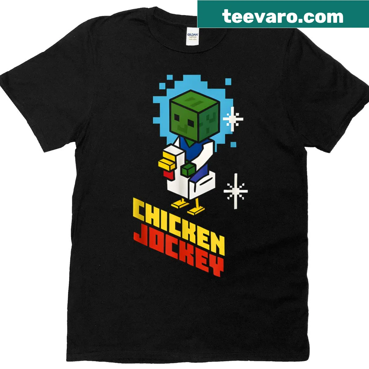 Pixel art t-shirt featuring chicken jockeys and zombies for gamers. — on a men's t-shirt