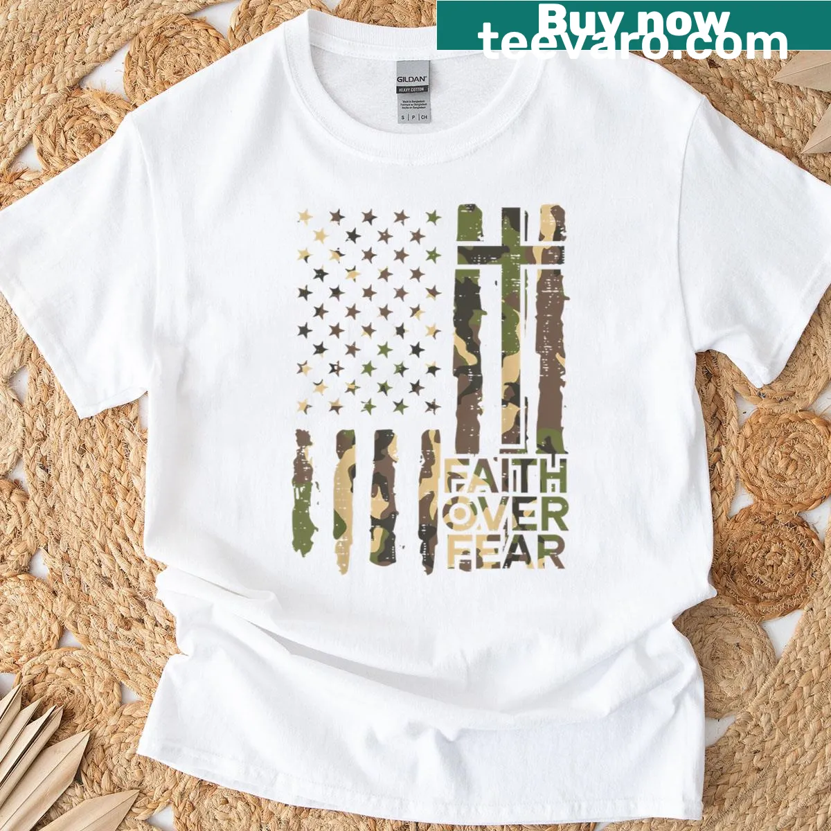 Inspirational t-shirt featuring Faith Over Fear and US flag elements — on a men's t-shirt