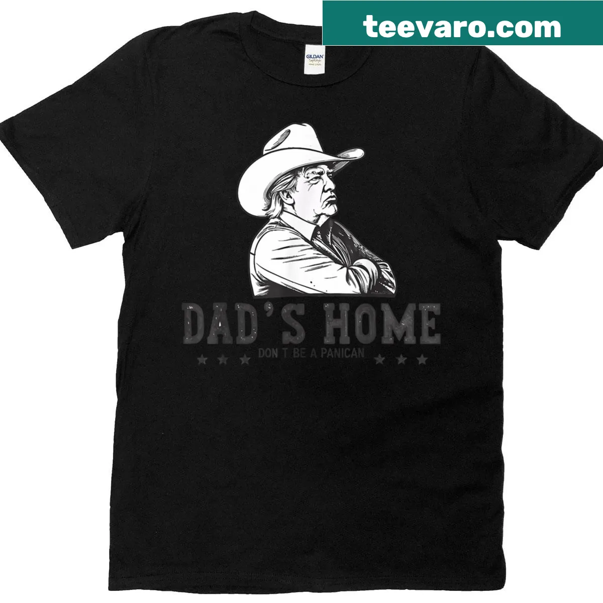 Funny cartoon cowboy dad graphic with humorous text — on a men's t-shirt