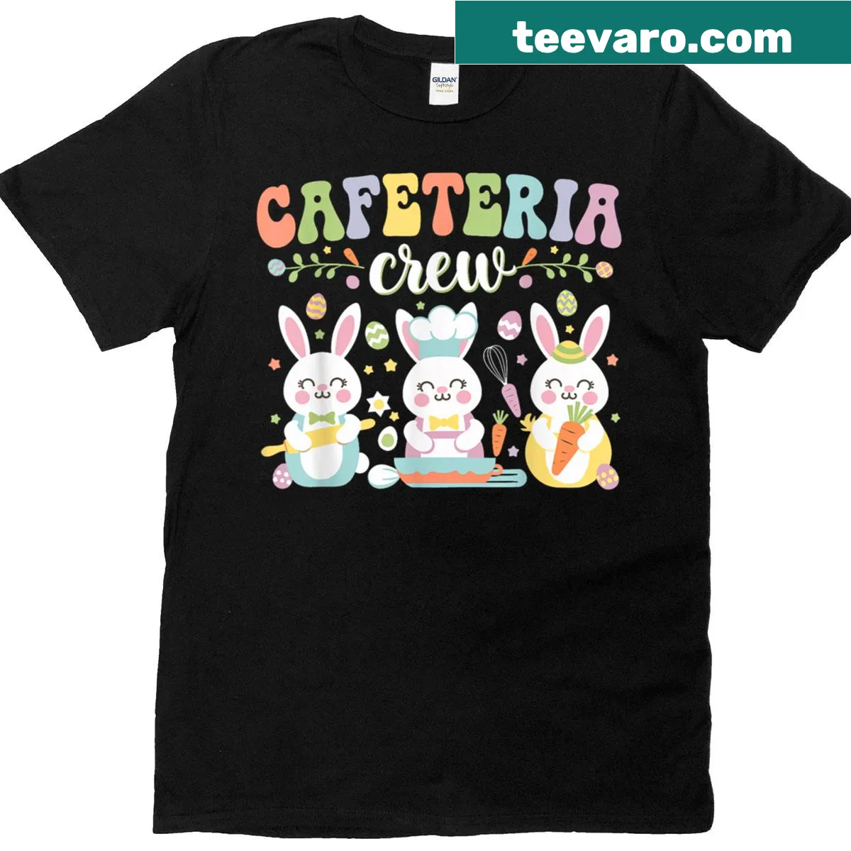 Cute Easter t-shirt with a bunny lunch lady graphic for kids — on a men's t-shirt