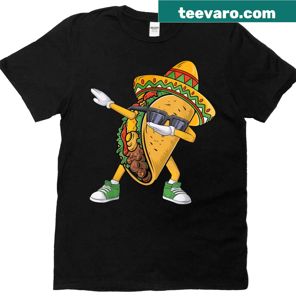 Cartoon taco dabbing for Cinco de Mayo on a kids t-shirt — on a men's t-shirt