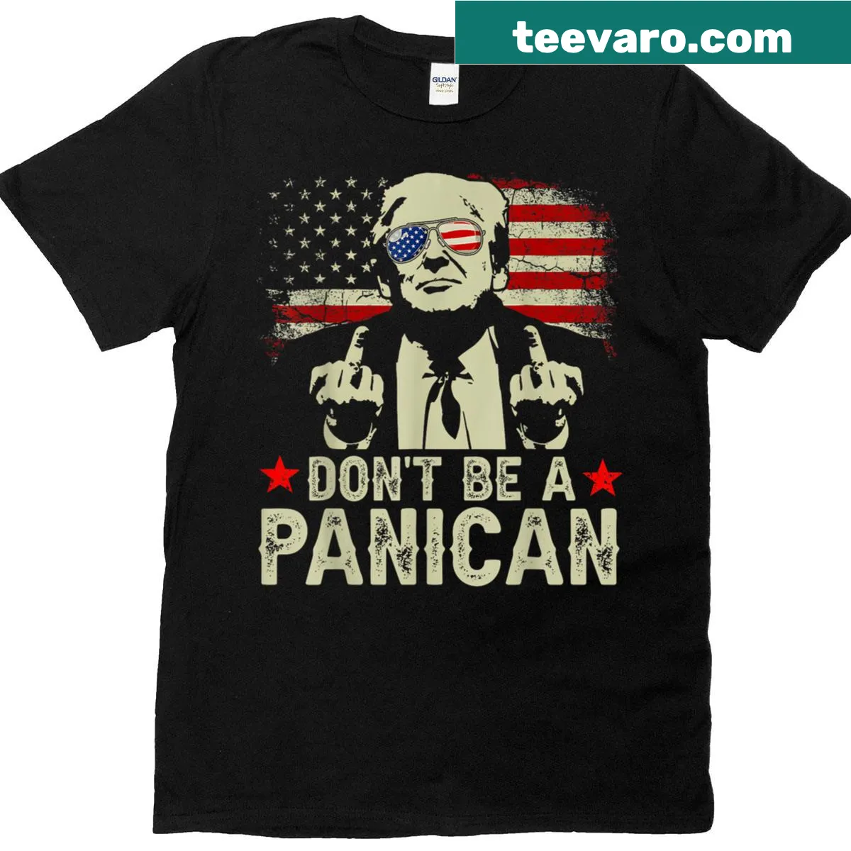Funny patriotic t-shirt with 'Don't Be A Panican' text — on a men's t-shirt