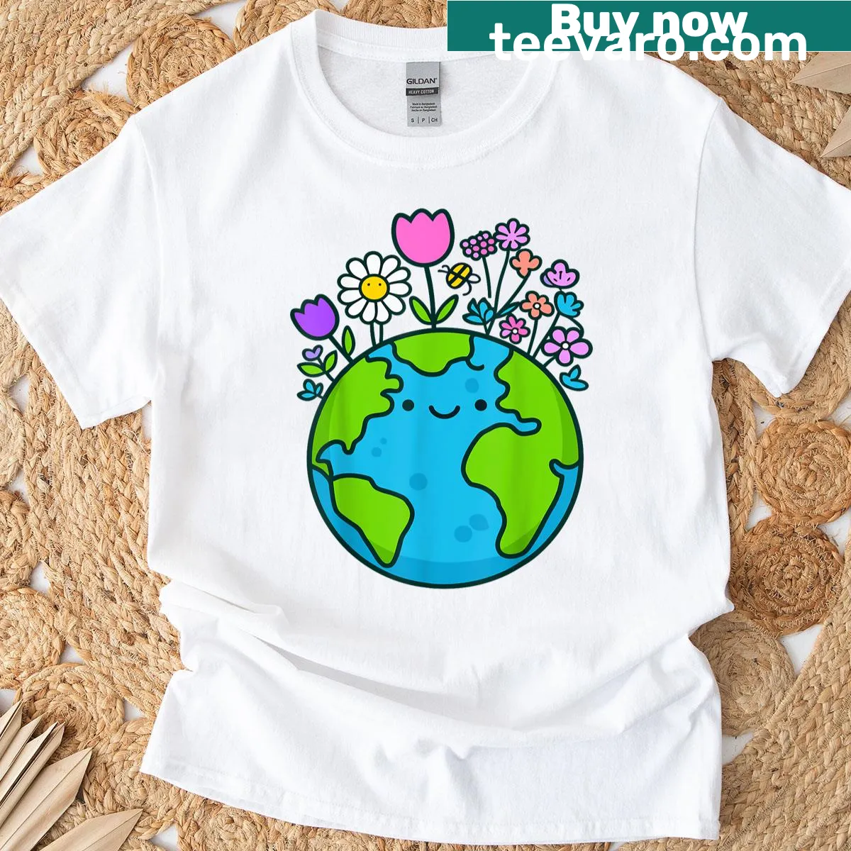 Cute Earth illustration with flowers on a T-shirt for Earth Day — on a men's t-shirt