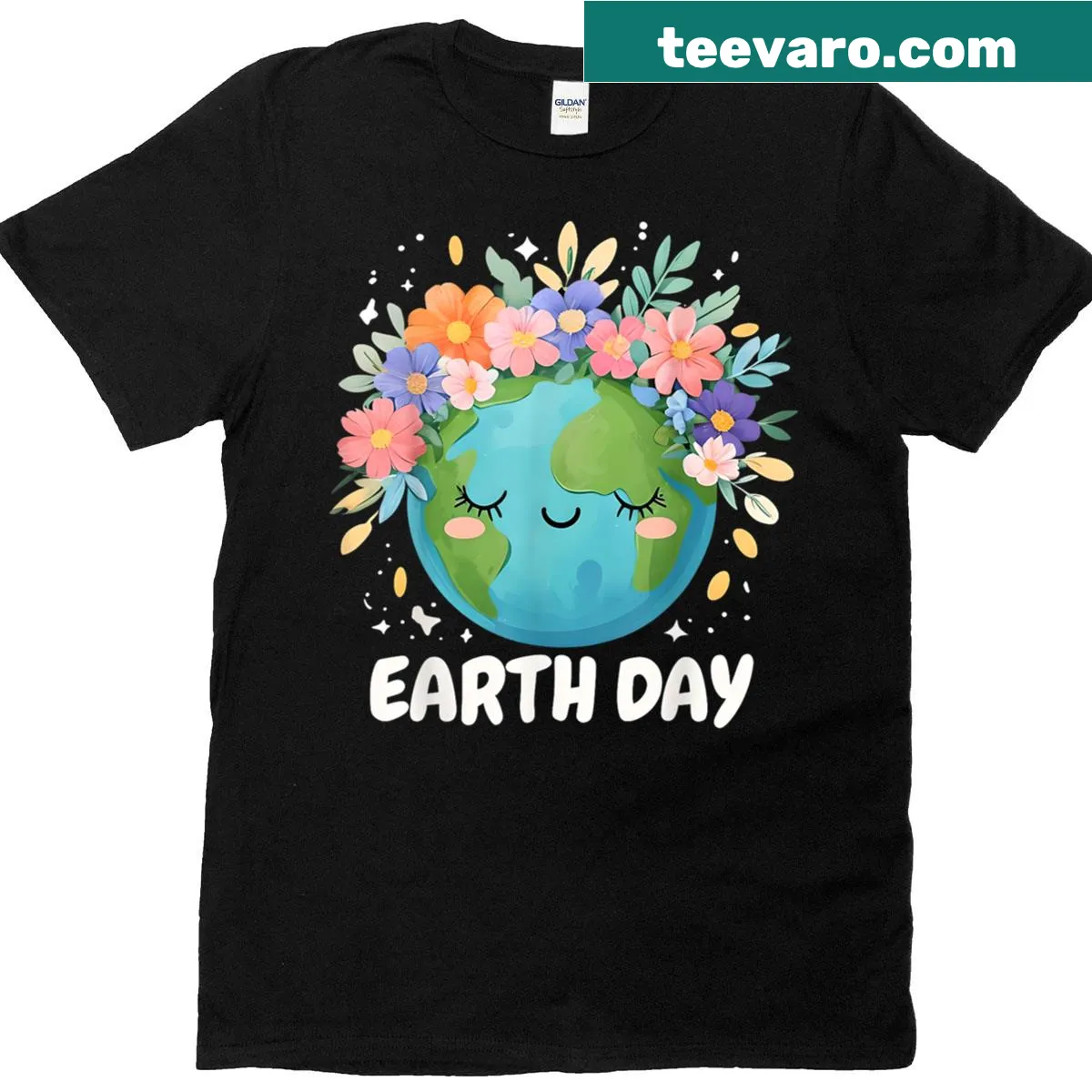 Cute floral planet graphic T-shirt for Earth Day — on a men's t-shirt
