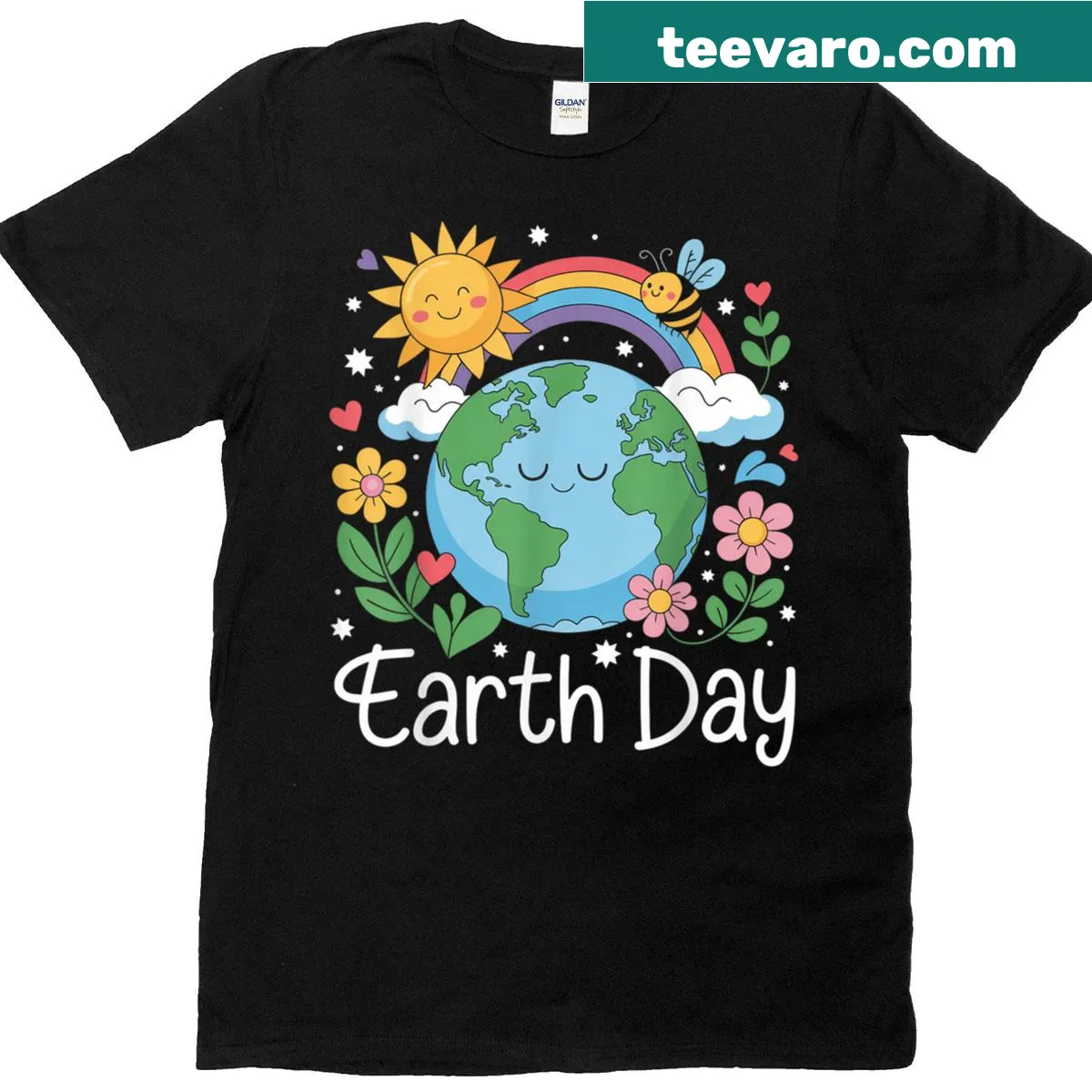 Cheerful Earth Day T-shirt with smiling planet design — on a men's t-shirt
