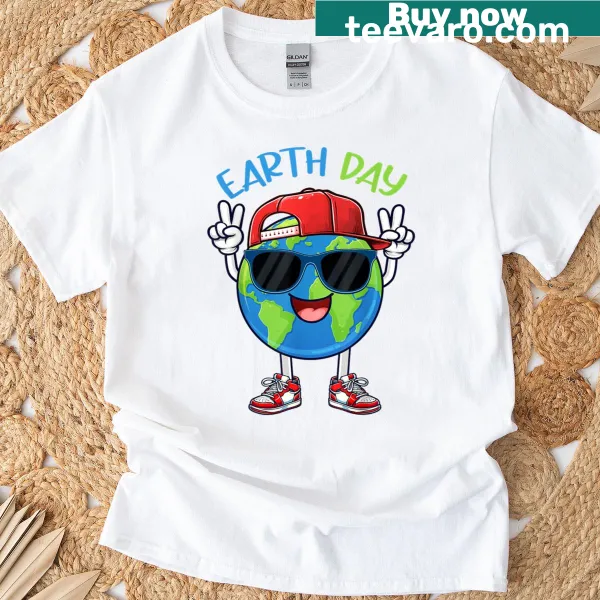 Earth Day 2025 anniversary T-shirt designed for kids with playful graphics.
