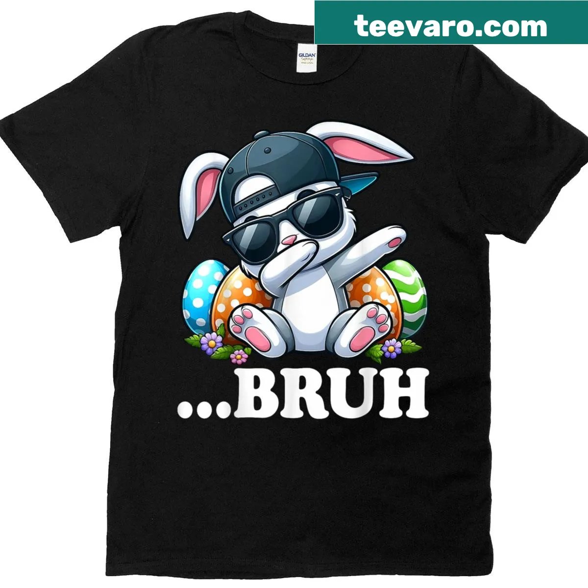Cartoon dabbing bunny graphic on t-shirt for Easter — on a men's t-shirt