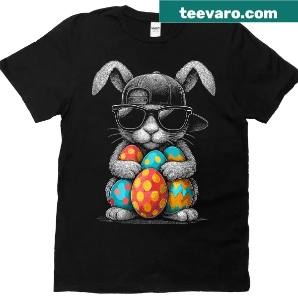 Easter t-shirt featuring a bunny with sunglasses and colorful eggs