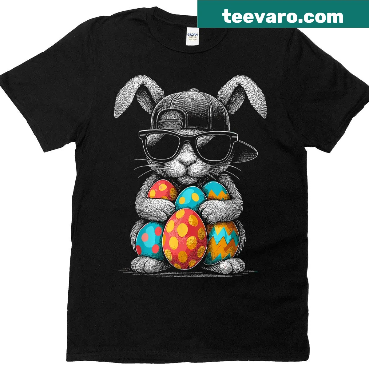 Easter t-shirt featuring a bunny with sunglasses and colorful eggs — on a men's t-shirt