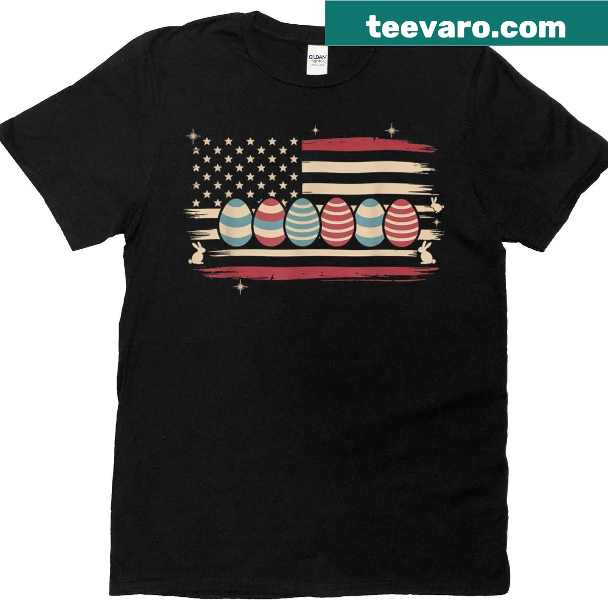 Patriotic bunny with eggs and American flag graphic on t-shirt — on a men's t-shirt