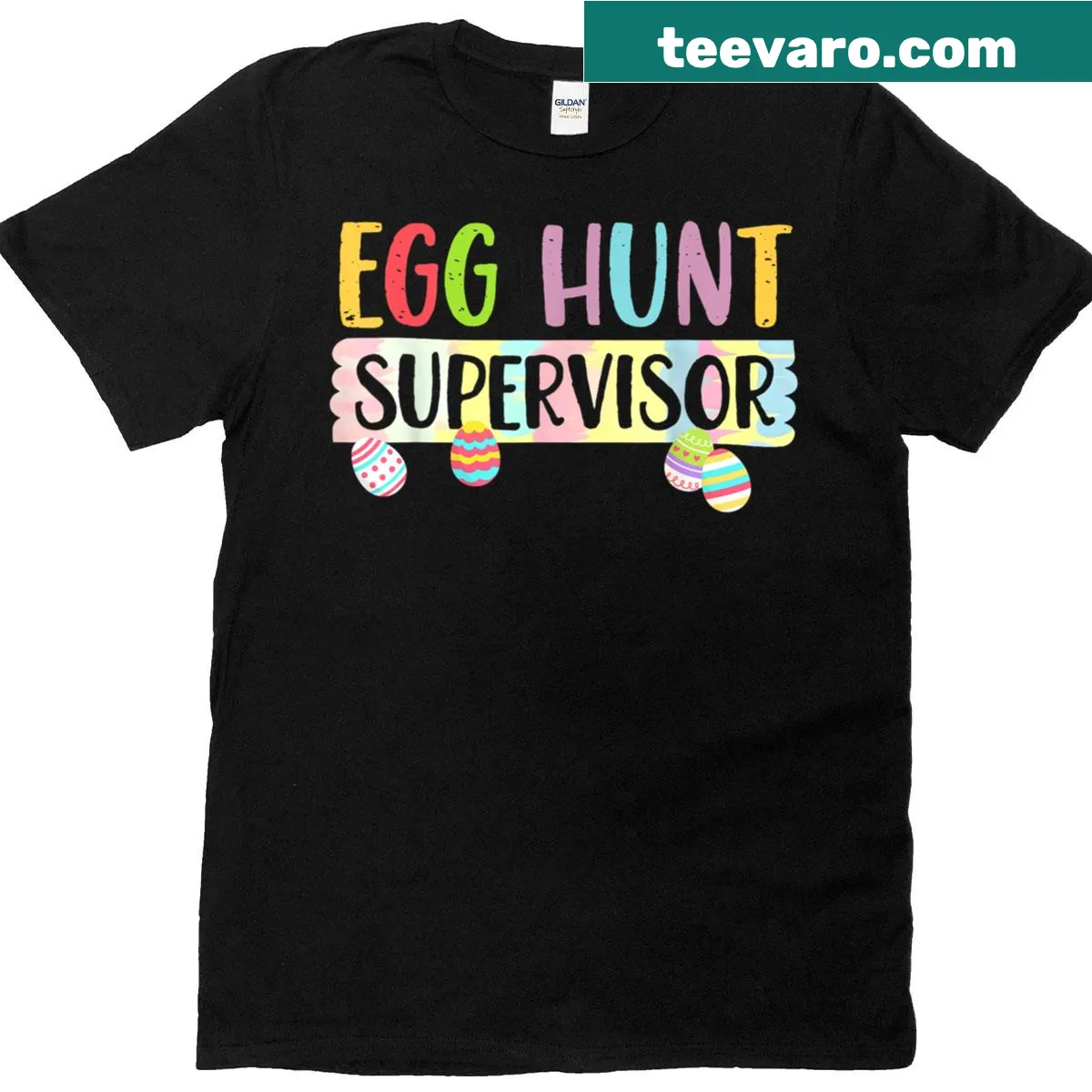 Funny Easter shirt featuring a cartoon egg hunt supervisor — on a men's t-shirt