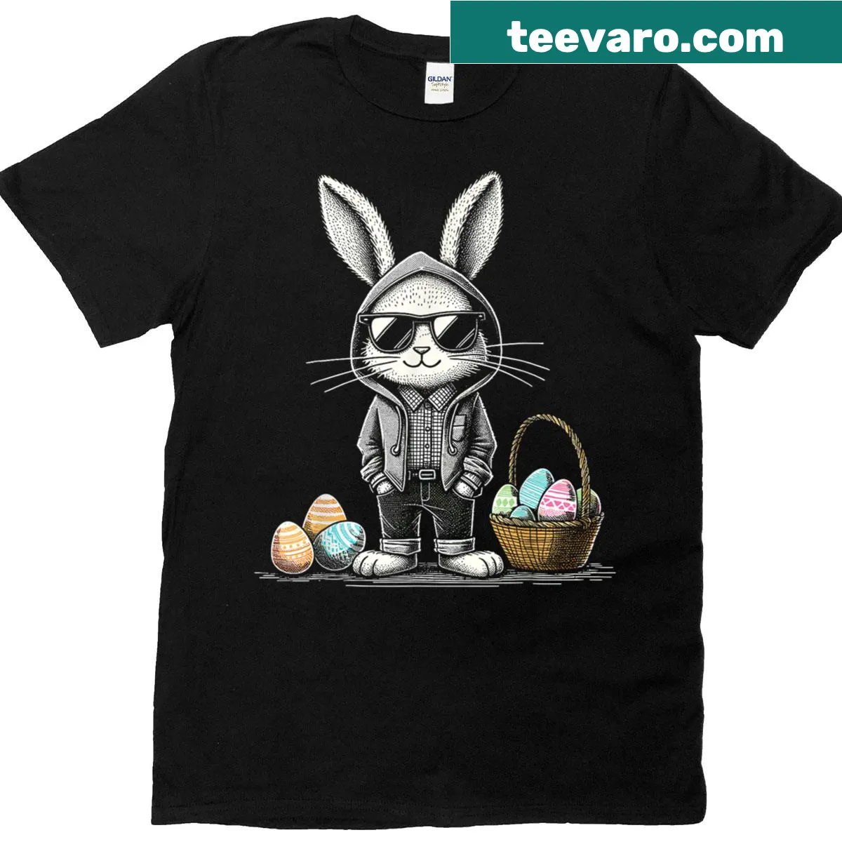 Funny Easter T-shirt with a hipster bunny design — on a men's t-shirt
