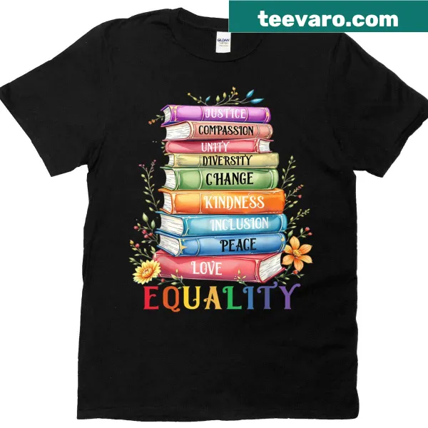 Floral illustration with books and equal rights message on T-shirt