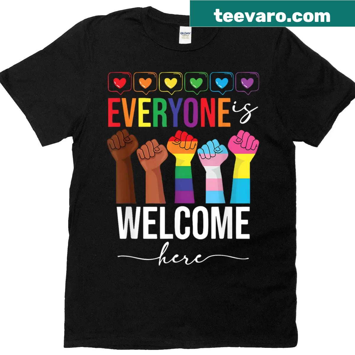 T-shirt with the message 'Everyone Is Welcome Here' celebrating LGBTQ+ pride. — on a men's t-shirt