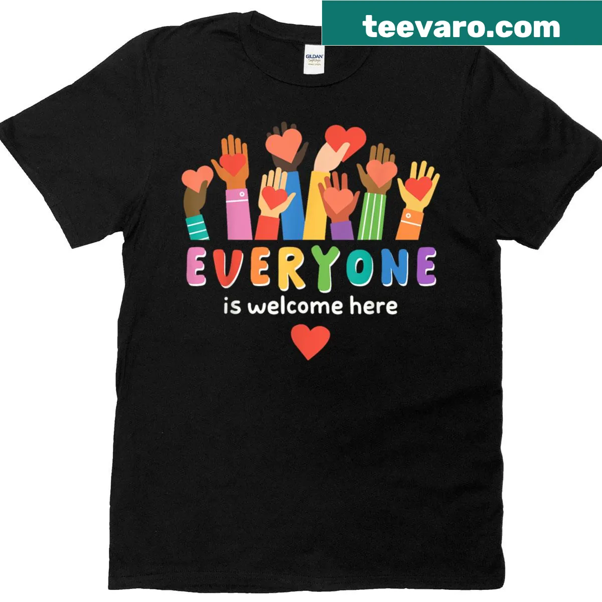 Teacher t-shirt with the phrase 'Everyone is Welcome Here' in bold typography — on a men's t-shirt