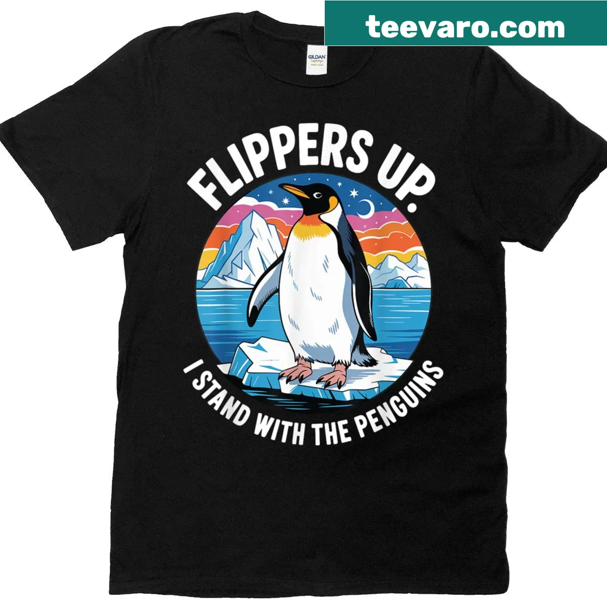 T-shirt featuring cartoon penguins with 'Stand With The Penguins' text — on a men's t-shirt