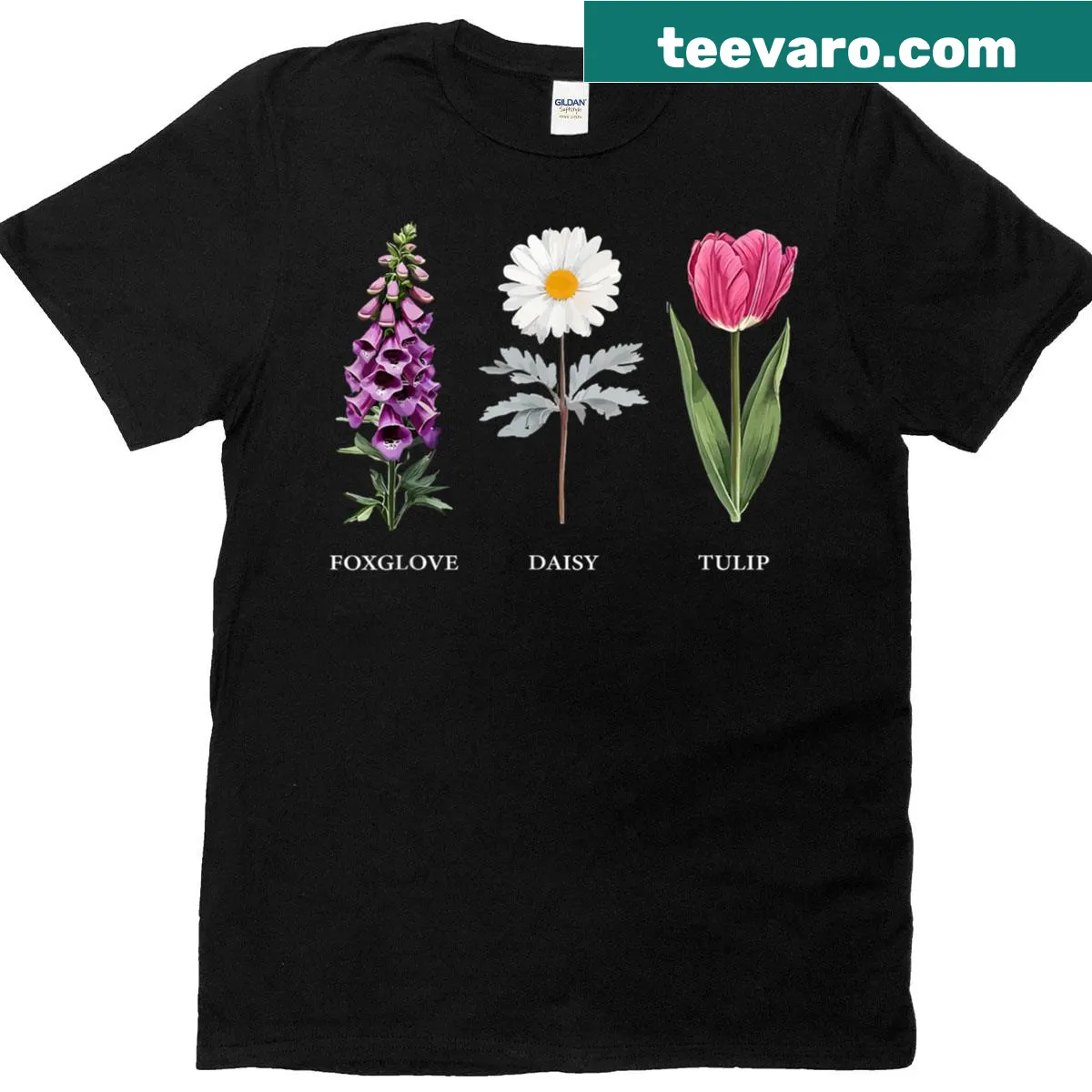 T-shirt with an elegant floral design featuring foxglove, daisy, and tulip illustrations. — on a men's t-shirt