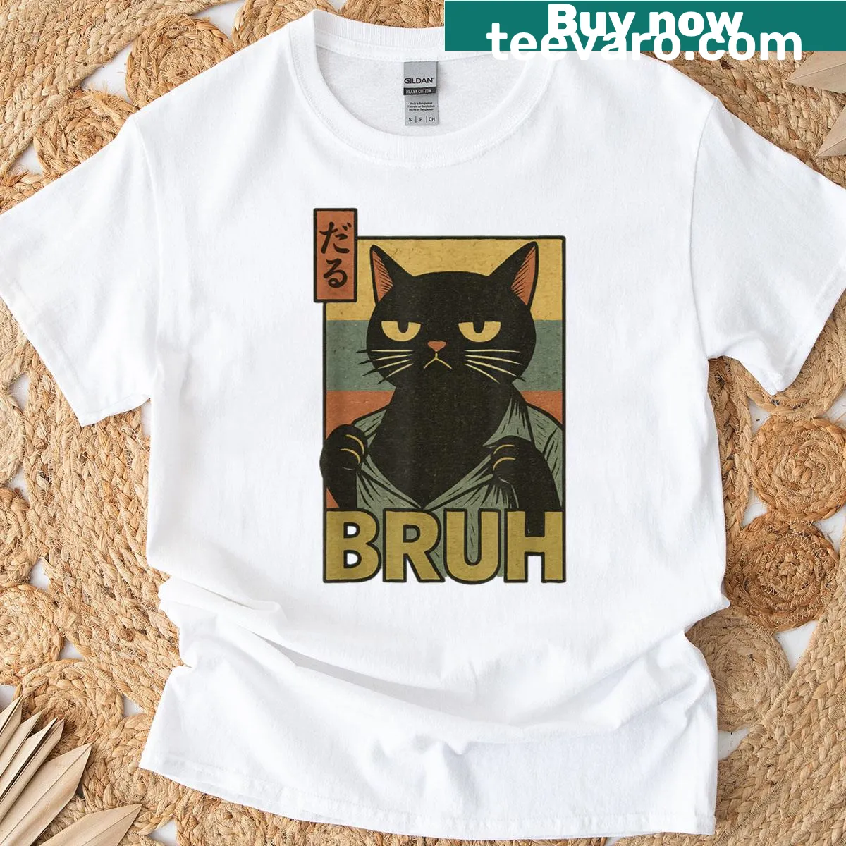 Funny cat meme graphic shirt with anime style — on a men's t-shirt