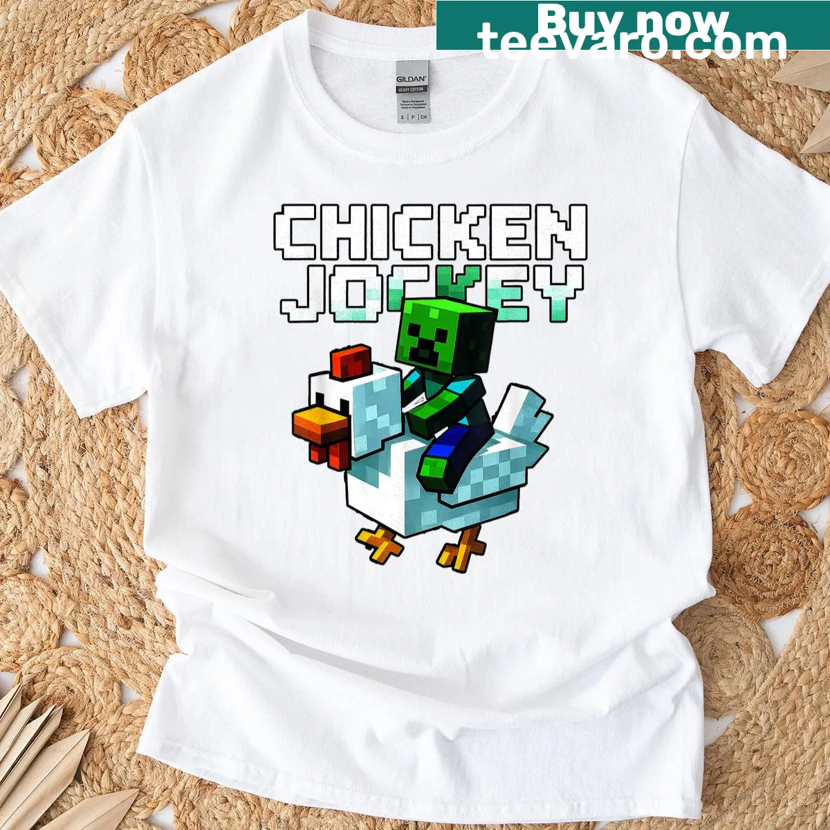 Cartoon graphic of a Chicken Jockey Zombie in pixel art style — on a men's t-shirt
