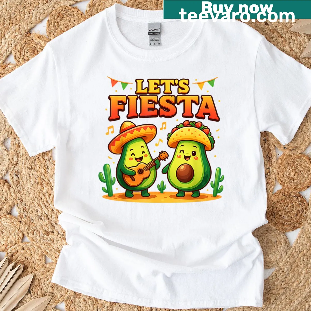 T-shirt featuring humorous avocado and taco graphics — on a men's t-shirt