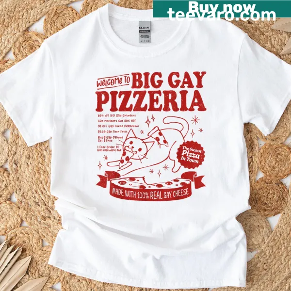 Funny LGBT T-shirt with cat and pizzeria graphic