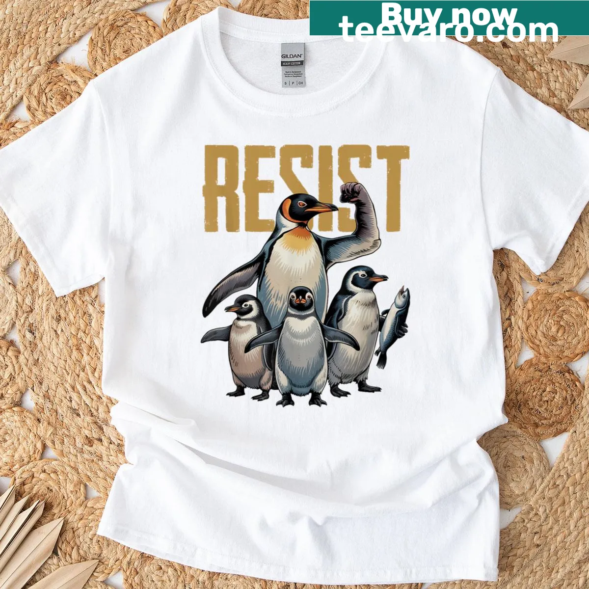 Cartoon penguins with flippers up protesting against Trump. — on a men's t-shirt
