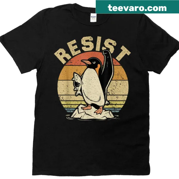 Funny penguin protest T-shirt with cartoon penguins and text