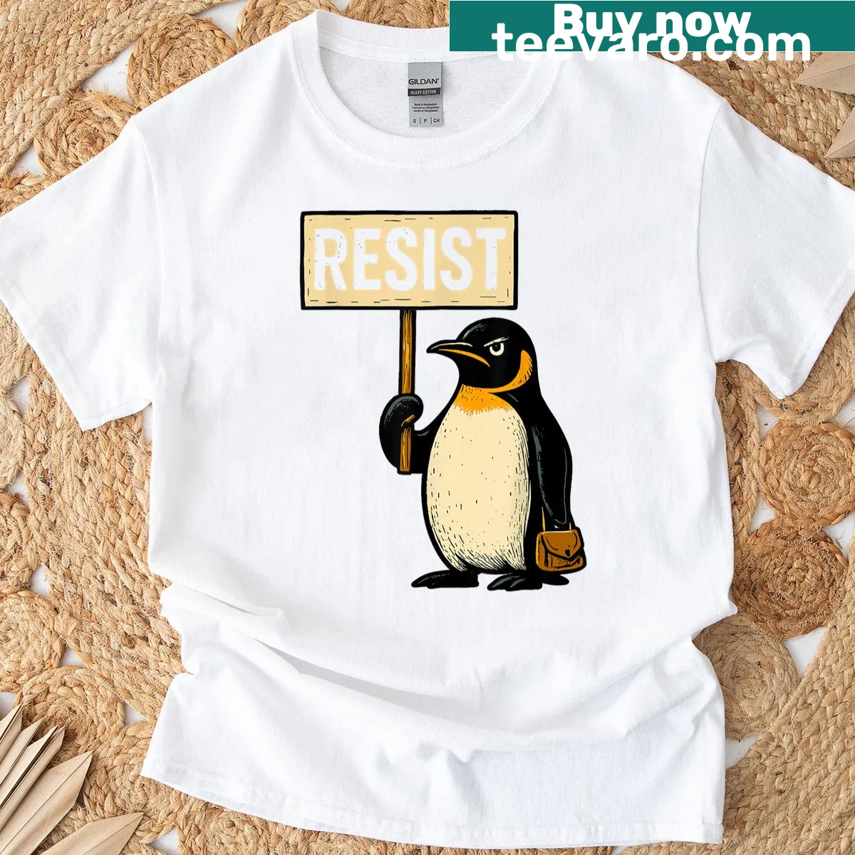 Protesting penguins graphic on a T-shirt — on a men's t-shirt