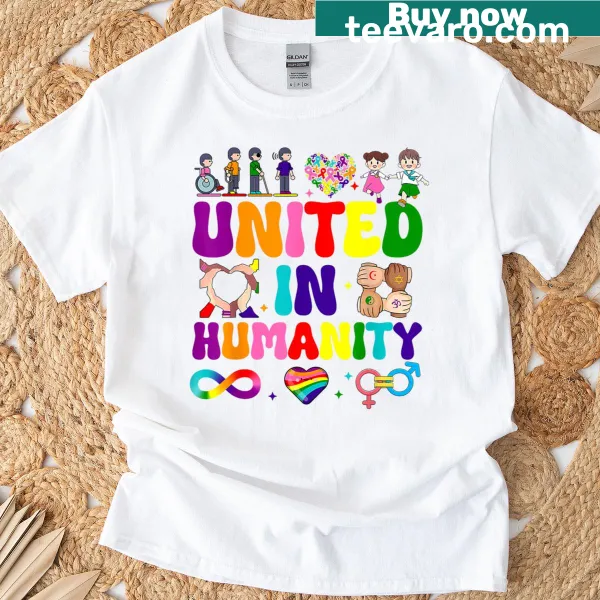 Groovy typography t-shirt with 'United In Humanity' text for Pride Month