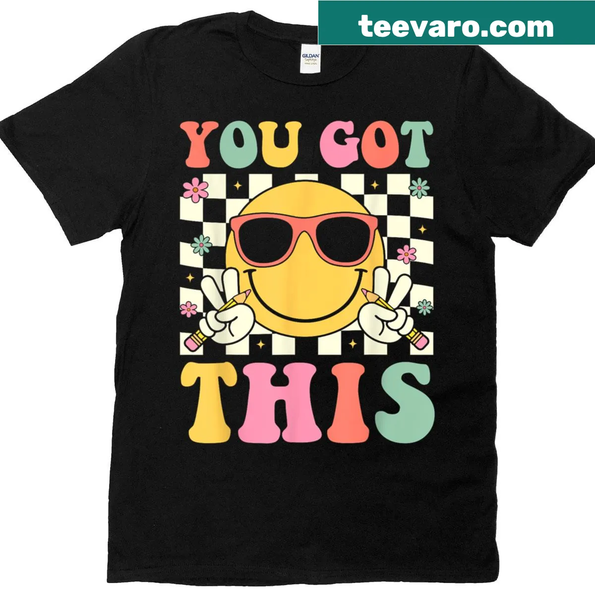 Funny teacher t-shirt with a smiley face and motivational text about testing — on a men's t-shirt