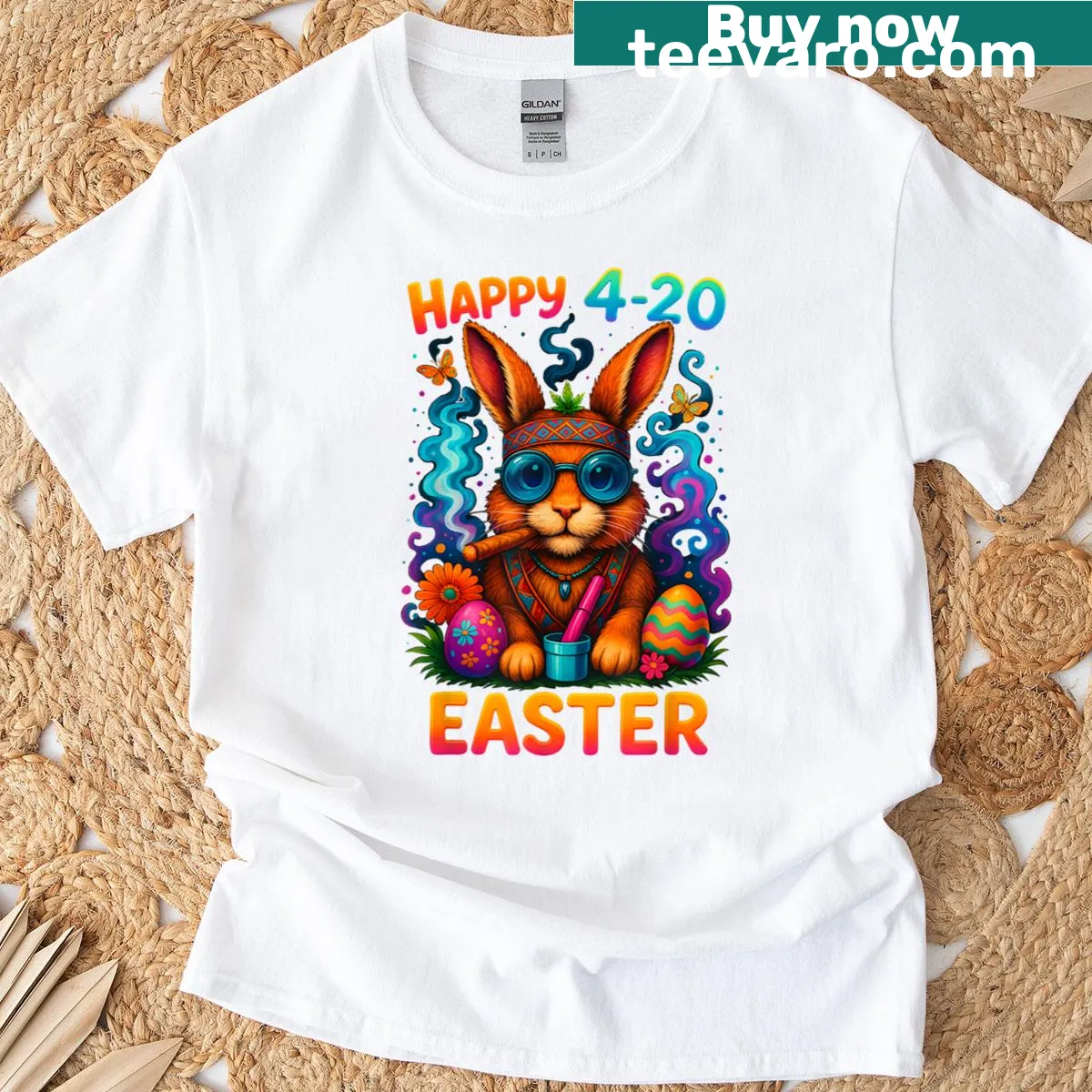 Funny Easter bunny t-shirt with cartoon bunny smoking weed — on a men's t-shirt