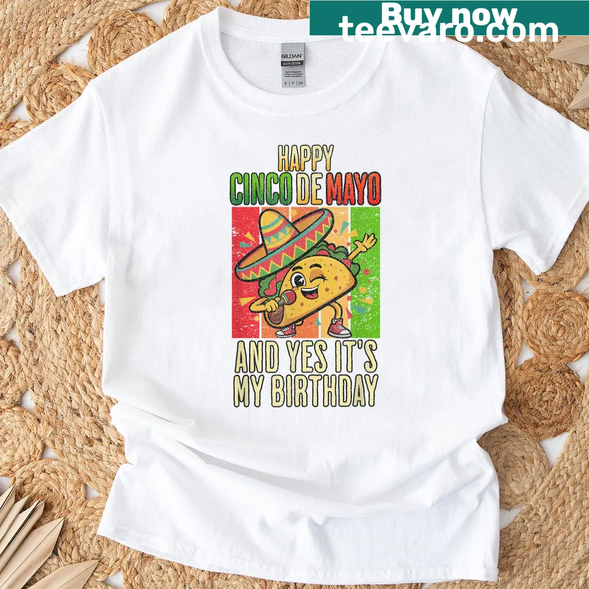T-shirt with taco graphic and text for Cinco de Mayo birthday — on a men's t-shirt