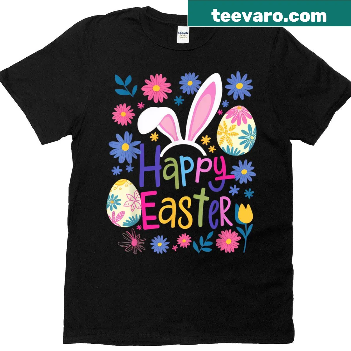 Easter T-shirt with a playful bunny and decorated eggs illustration — on a men's t-shirt