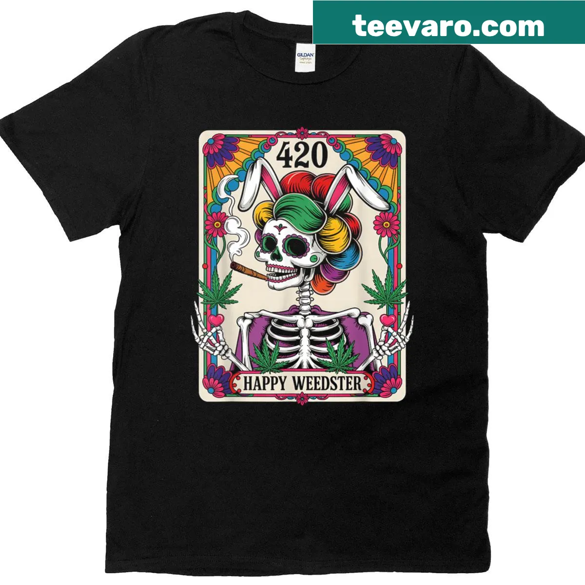 Easter T-shirt with a skeleton smoking weed and tarot card design — on a men's t-shirt