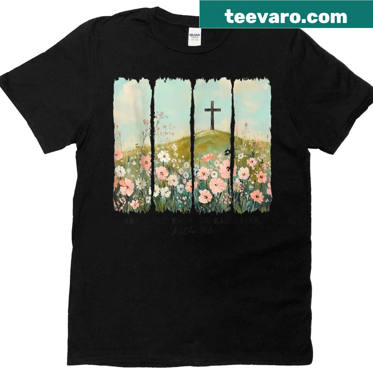 Floral graphic with 'He Is Risen' for Easter celebration. — on a men's t-shirt
