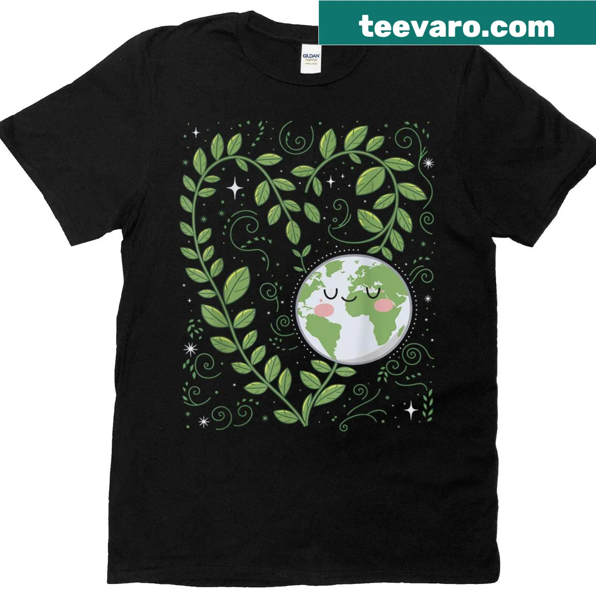 Heart and plant leaf graphic promoting Earth Day. — on a men's t-shirt