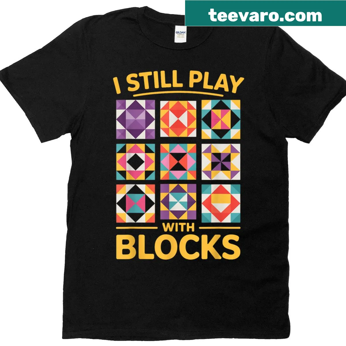 Funny quilting T-shirt with block design and humorous text — on a men's t-shirt