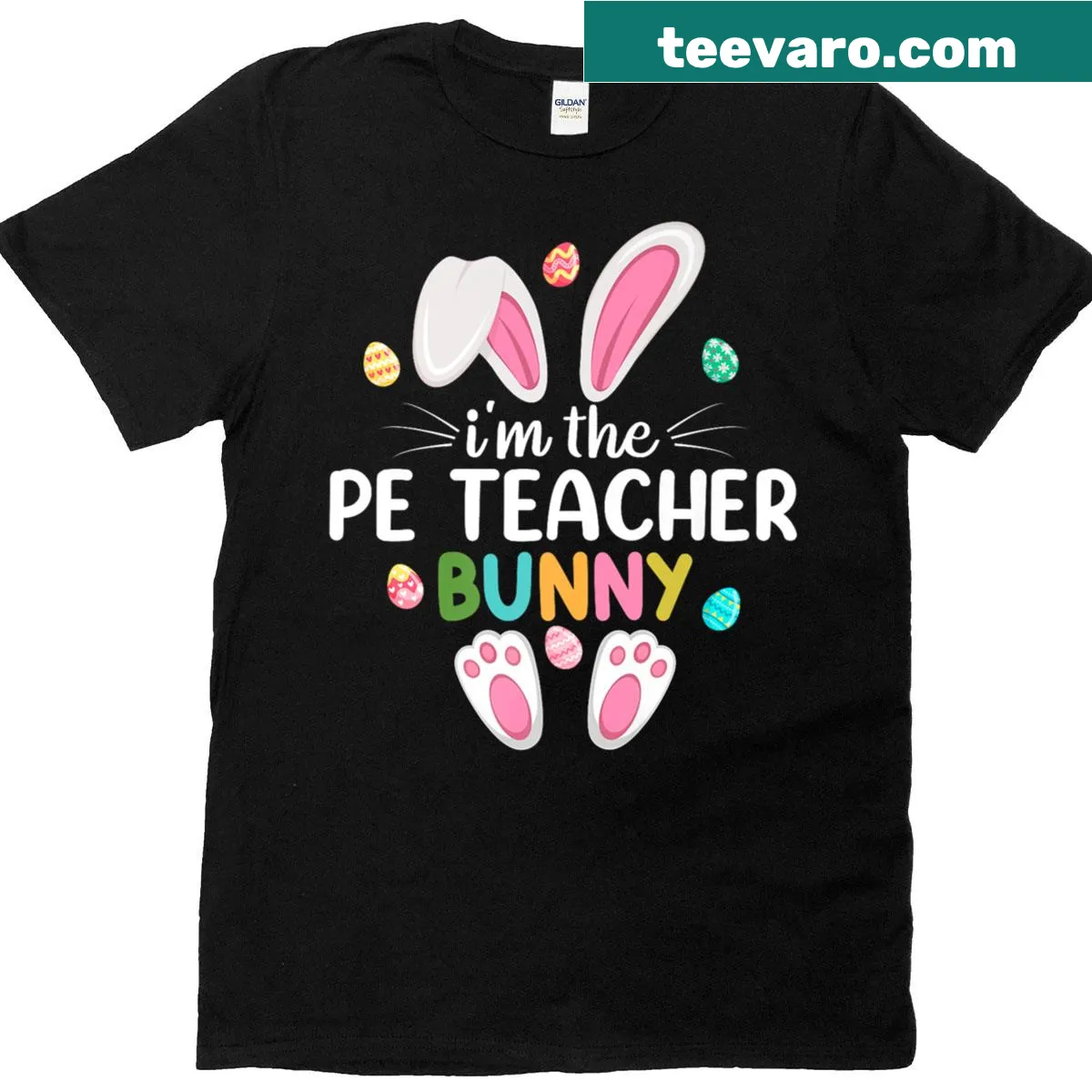 Easter-themed shirt with a bunny and 'I'm The PE Teacher' text — on a men's t-shirt