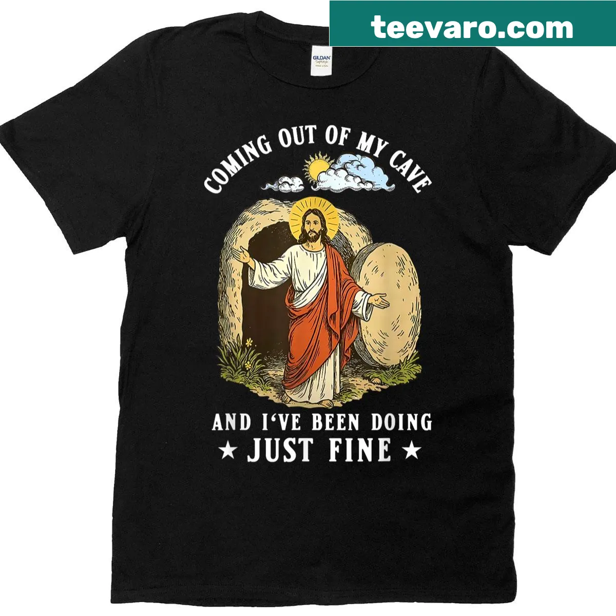 Faith-inspired t-shirt featuring Jesus illustration and motivational text — on a men's t-shirt
