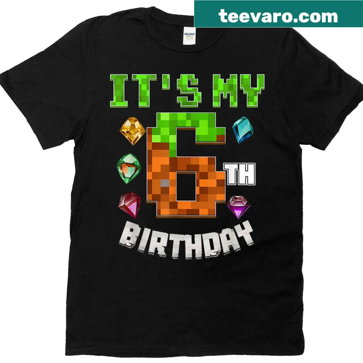 Pixelated video game birthday t-shirt for a 6-year-old boy — on a men's t-shirt