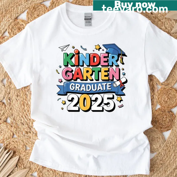 Kindergarten graduation t-shirt with celebratory graphics