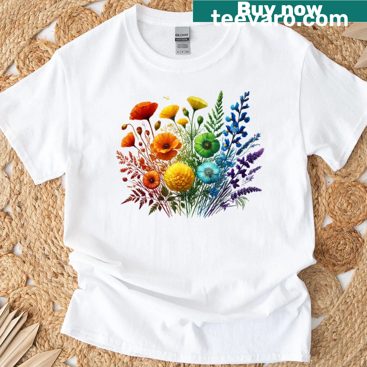 Boho-style T-shirt with wildflower and LGBTQ pride design — on a men's t-shirt