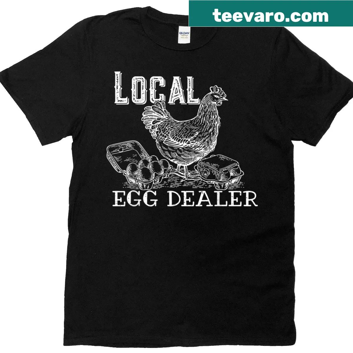 Retro chicken graphic with funny egg dealer text on a T-shirt — on a men's t-shirt