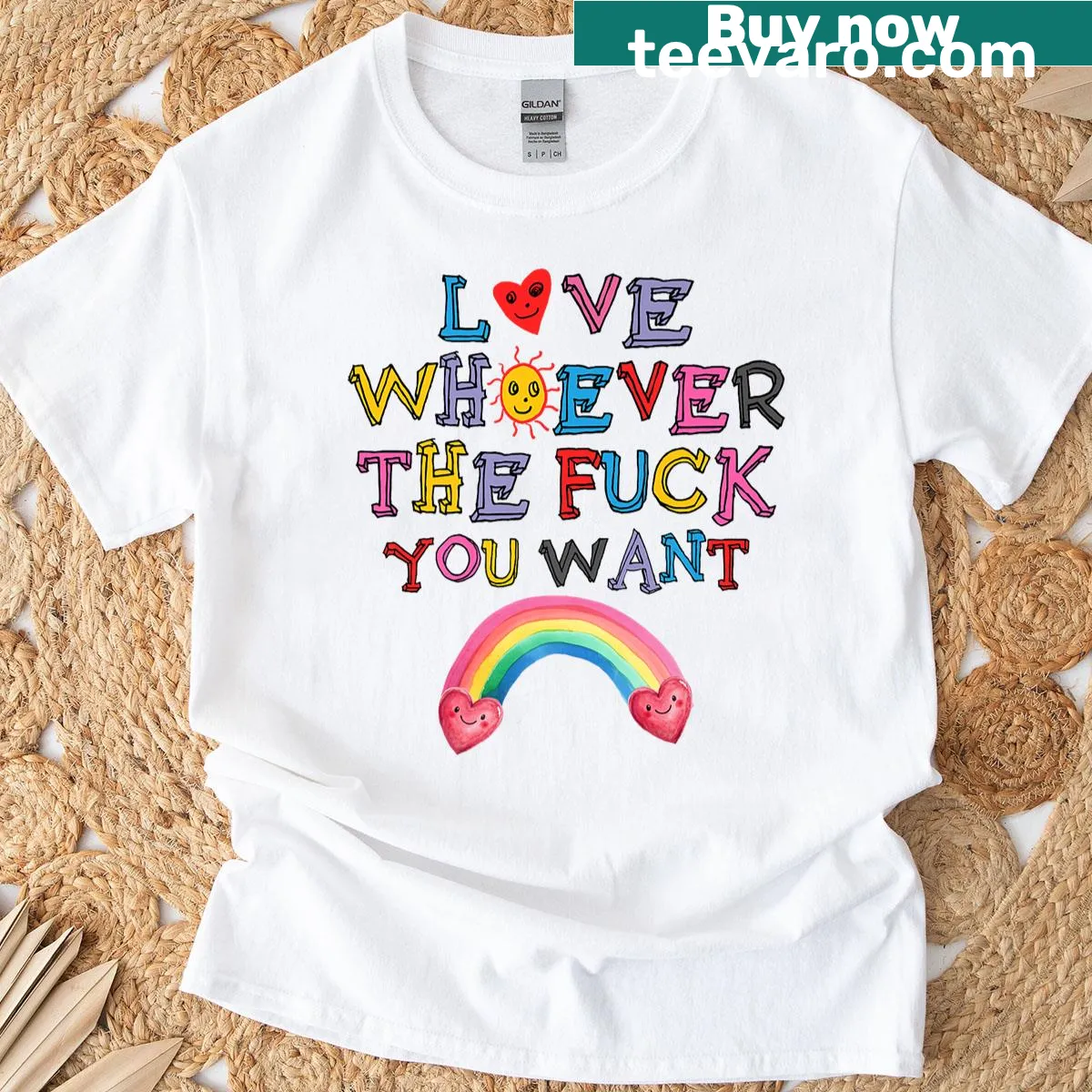 Rainbow LGBTQ Pride shirt with 'Love Whoever You Want' text — on a men's t-shirt