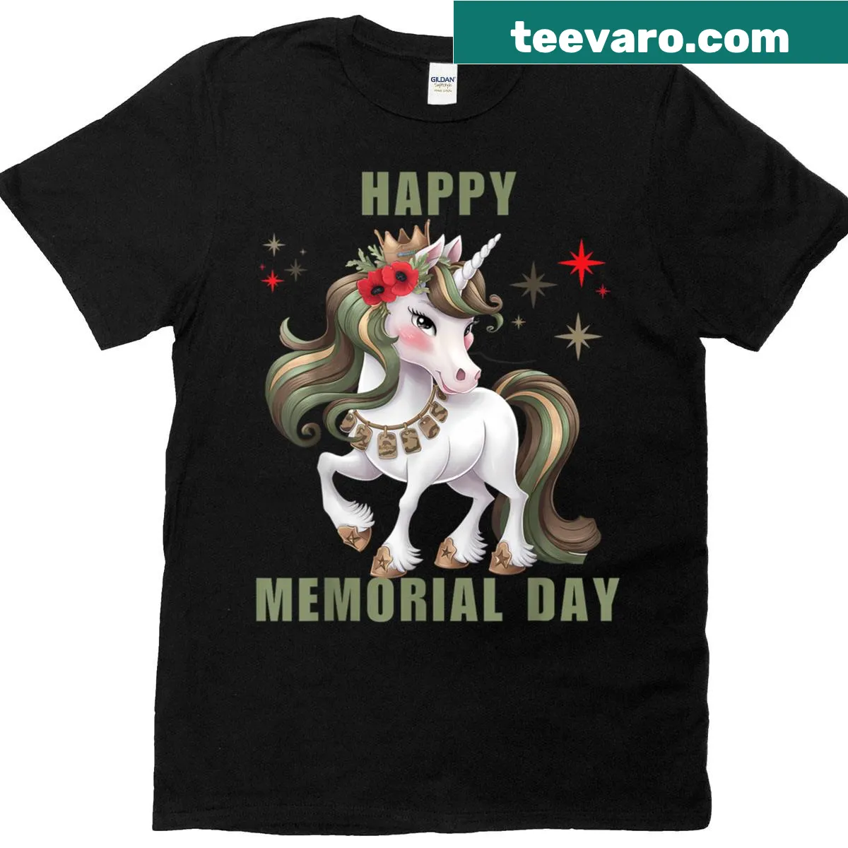 Illustration of a military unicorn with stars and stripes — on a men's t-shirt