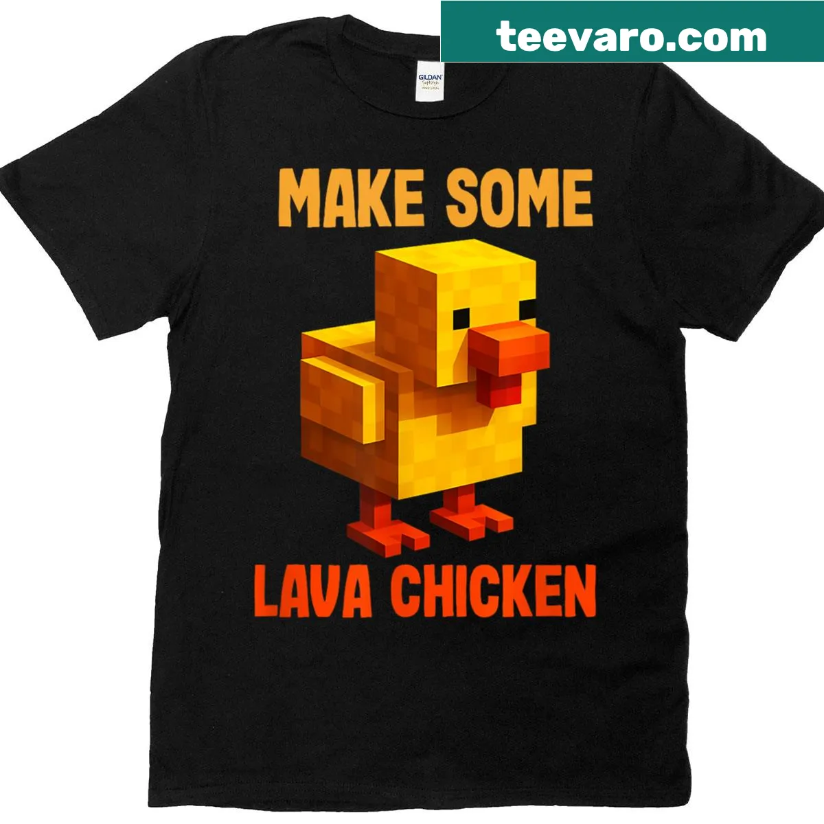 Humorous T-shirt with text 'Make Some Lava Chicken' in bold lettering — on a men's t-shirt